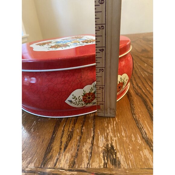 Vintage Round Red Floral Metal Tin Container With Lid Deer Park Wildflower Desig - Picture 5 of 8